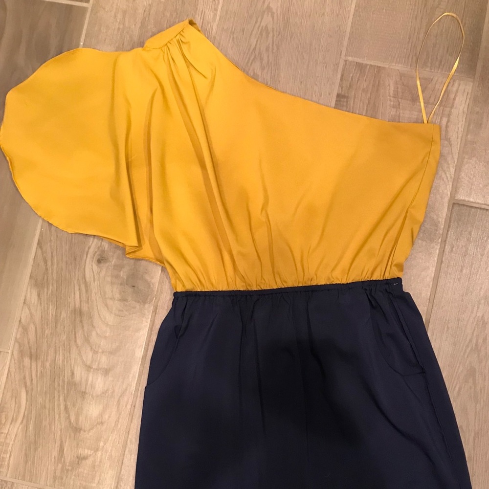 Mustard and navy dress
